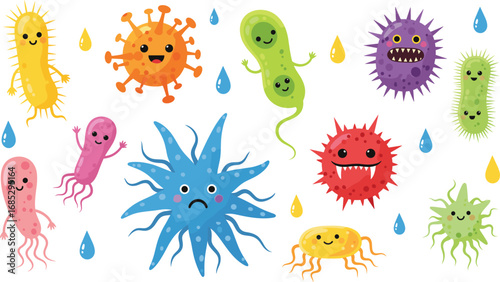 Cartoon Microbes and Bacteria Characters – Colorful Funny Germs with Expressions for Education, Hygiene, Science, Kids, and Medical Concepts