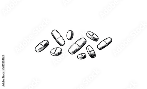 Hand-drawn assorted pills and capsules on white background in sketch style. Vector retro hand drawn illustration
