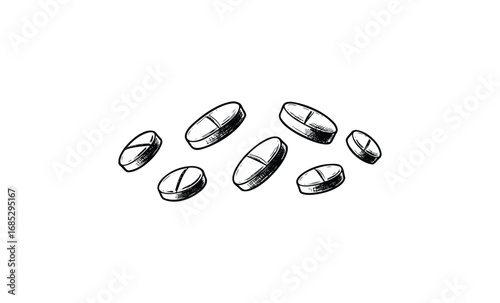 Assorted hand-drawn pills: engraved medicine icon set. Vector retro hand drawn illustration