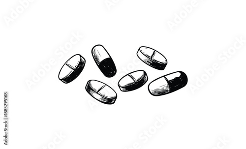 Black and white sketch of capsules: artistic representation of medications. Vector retro hand drawn illustration