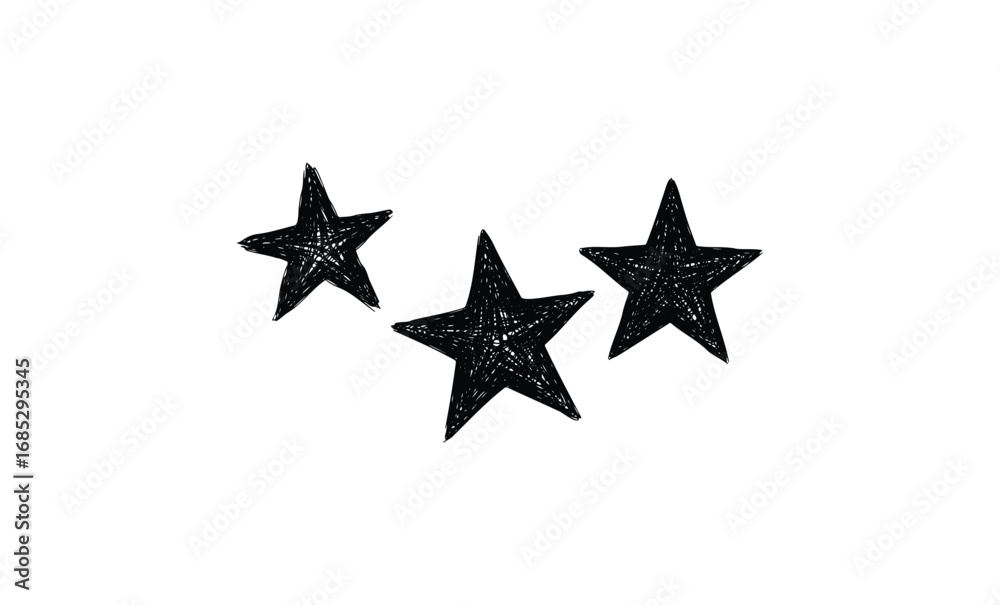 Obraz premium Sketchy black stars on white background: trio of hand-drawn illustrations. Vector retro hand drawn illustration