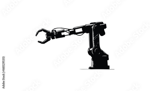 Black and white robotic arm sketch with mechanical claw. Vector retro hand drawn illustration
