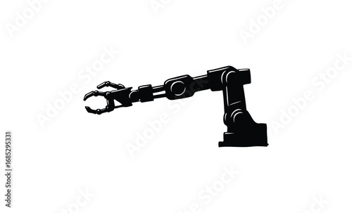 Industrial robotic arm silhouette with claw gripper. Vector retro hand drawn illustration