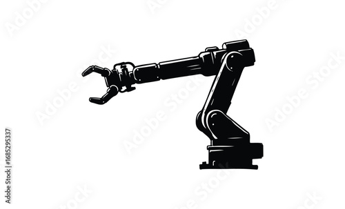 Industrial robotic arm silhouette in motion. Vector retro hand drawn illustration