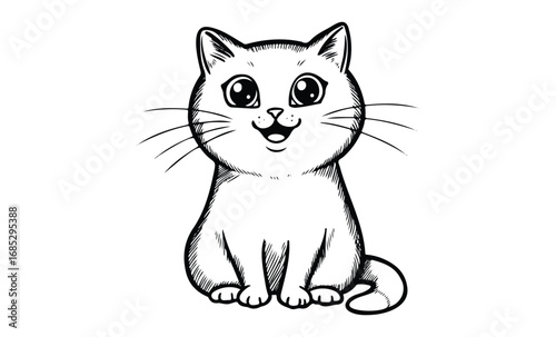 Cute black and white illustration of a smiling cartoon cat with whiskers. Vector retro hand drawn illustration