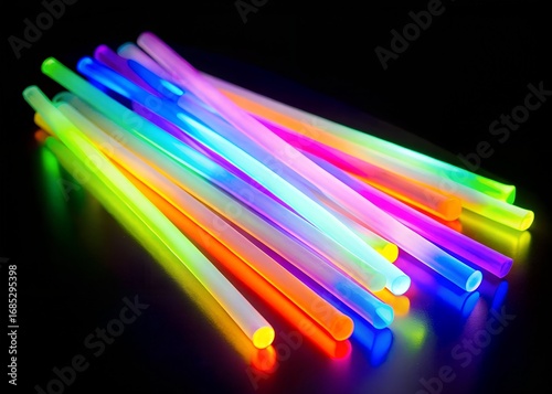 Vibrant collection of assorted color glow sticks scattered on a dark surface