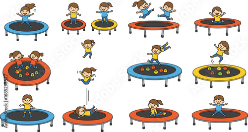 Children Jumping on Colorful Trampolines in Playground, Fun Kids Activity, Outdoor Recreation, Energetic Movement, Happy Childhood, Cartoon Vector Illustration