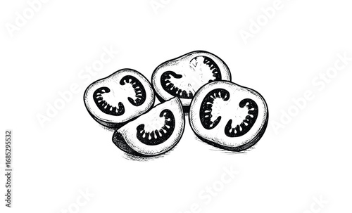 Monochrome sketch of sliced tomato pieces with detailed cross-sectional view. Vector retro hand drawn illustration
