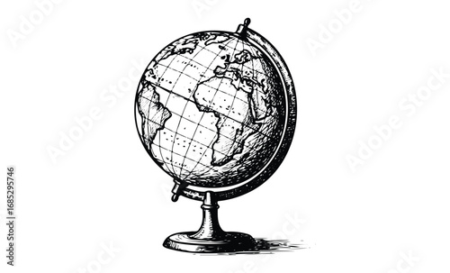 Vintage black and white illustration of a world globe on a stand. Vector retro hand drawn illustration