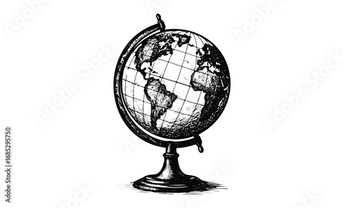 Vintage globe illustration featuring continents and longitude lines on classic stand. Vector retro hand drawn illustration