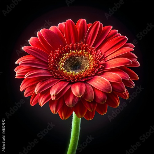 Vibrant red gerbera daisy flower isolated on a deep black background