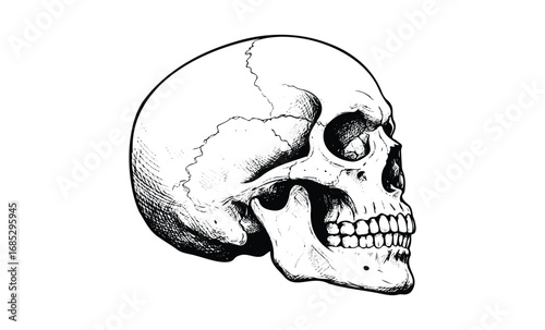Detailed black and white human skull side view illustration. Vector retro hand drawn illustration