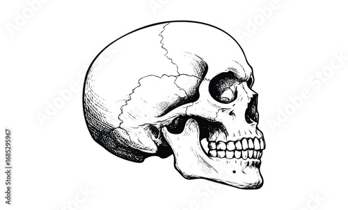 Detailed anatomical skull illustration in profile view. Vector retro hand drawn illustration