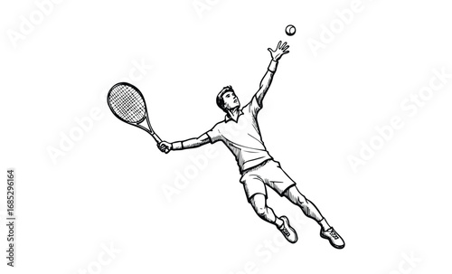 Illustration of male tennis player in playful action pose with racket. Vector retro hand drawn illustration