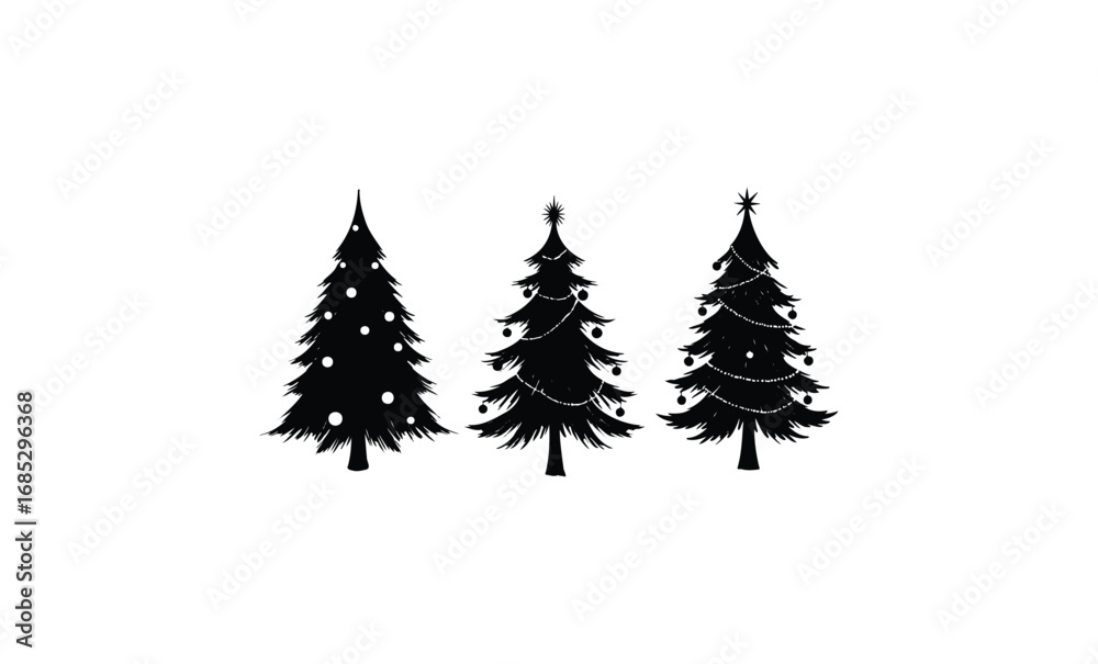 Obraz premium Three festive christmas trees with ornaments and decorations in silhouette. Vector retro hand drawn illustration