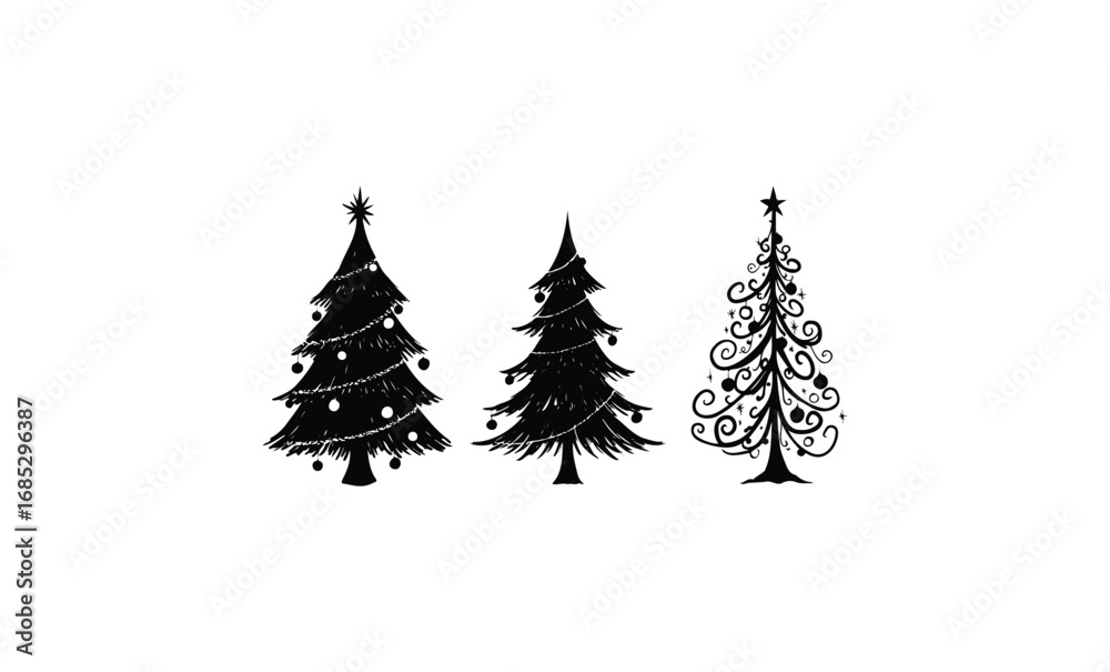 Obraz premium Black silhouette christmas trees with ornaments and swirls. Vector retro hand drawn illustration