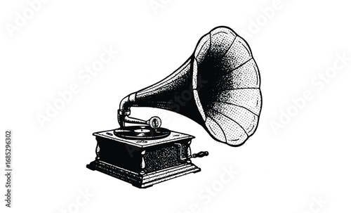 Vintage gramophone drawing with detailed horn and base. Vector retro hand drawn illustration