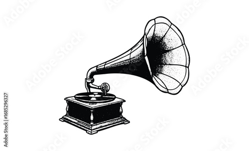 Vintage gramophone with large horn and turntable. Vector retro hand drawn illustration