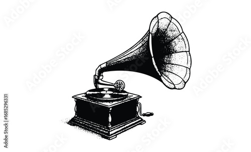 Vintage gramophone illustration with horn speaker and turntable. Vector retro hand drawn illustration