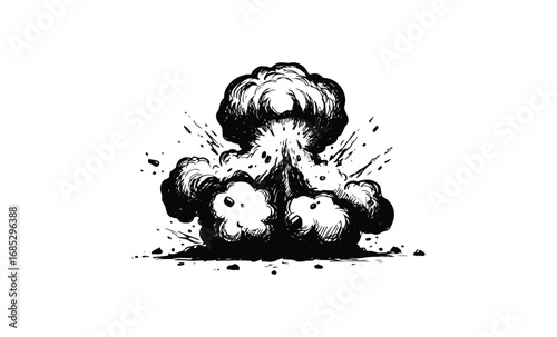 Monochrome explosion drawing with dynamic smoke and debris. Vector retro hand drawn illustration