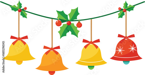 Christmas hanging bells vector design on transparent background. Christmas decoration elements