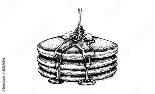 Hand-drawn stack of pancakes with butter and dripping syrup. Vector retro hand drawn illustration