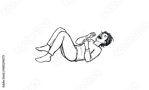Young caucasian female laughing on floor in joyful line art sketch. Vector retro hand drawn illustration