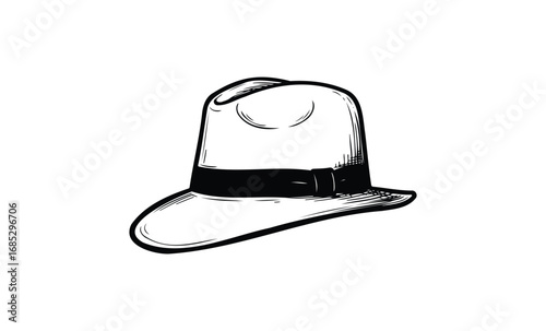 Vintage fedora hat sketch with wide brim and ribbon band. Vector retro hand drawn illustration