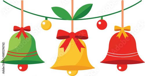 Christmas hanging bells vector design on transparent background. Christmas decoration elements
