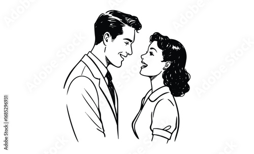Retro style illustration of smiling young caucasian male and female gazing at each other. Vector retro hand drawn illustration
