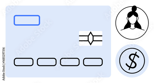 Digital payment card with user profile and dollar sign elements. Ideal for online payments, financial apps, banking, fintech, identity verification, transactions, e-commerce. Clean and simple flat