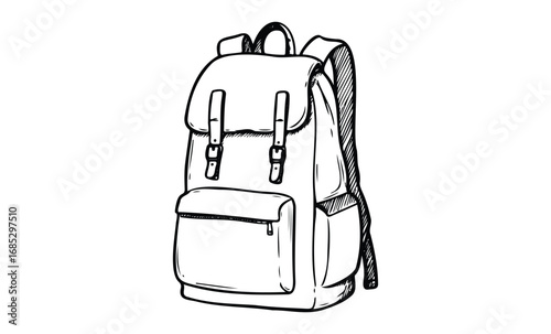 Black and white sketch of a backpack with straps and front pocket. Vector retro hand drawn illustration