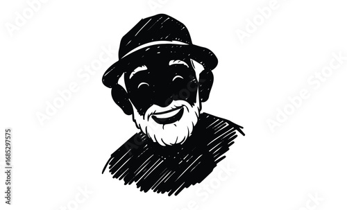 Smiling elderly caucasian male with hat in black and white line art drawing. Vector retro hand drawn illustration
