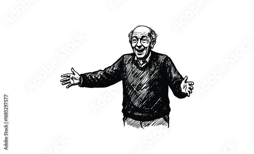 Cheerful elderly caucasian male joyfully gesturing in black and white sketch. Vector retro hand drawn illustration
