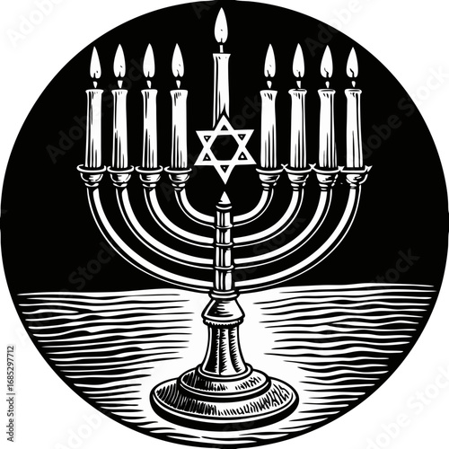 Antique menorah with burning candles, a symbol of the Hanukkah holiday, stands illuminated against a dark background