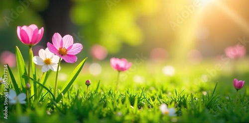 Joyful springtime scene featuring blooming flowers and lush green grass, bathed in the warm sunlight of a beautiful Caucasian spring day , orange, energy