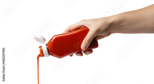 Pouring Red Sauce from Bottle Held by Hand Isolated on White