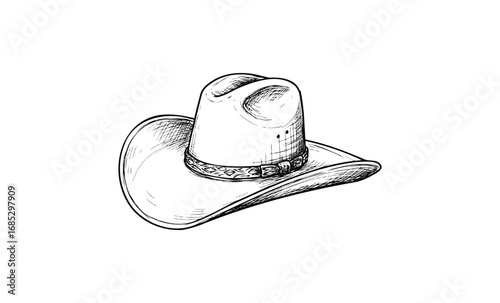 Hand-drawn cowboy hat with intricate detailing in black and white. Vector retro hand drawn illustration