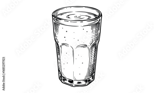 Black and white sketch of a tall glass of water with detailed etching. Vector retro hand drawn illustration