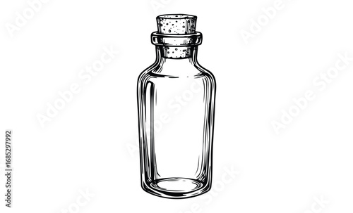 Vintage glass bottle with cork stopper sketch. Vector retro hand drawn illustration