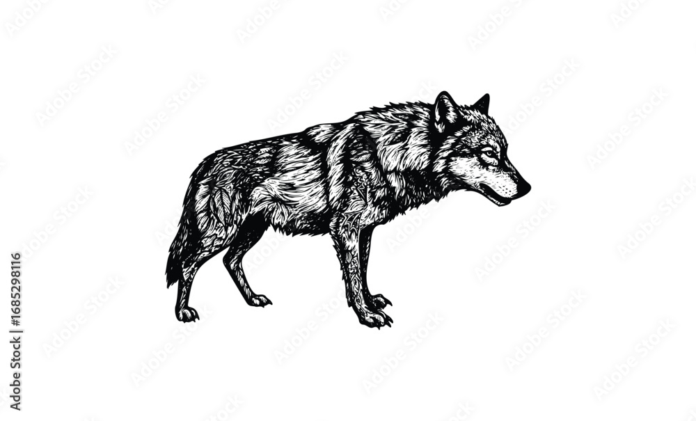 Fototapeta premium Intricate black and white wolf illustration with detailed fur and expression. Vector retro hand drawn illustration