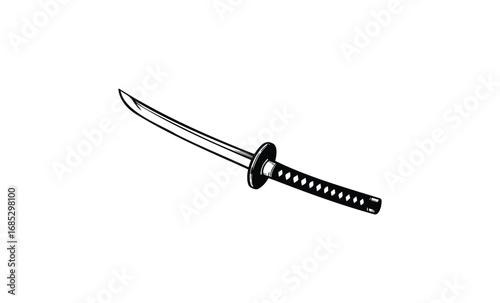 Traditional japanese katana drawing with detailed hilt and blade. Vector retro hand drawn illustration