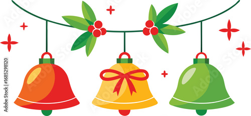 Christmas hanging bells vector design on transparent background. Christmas decoration elements