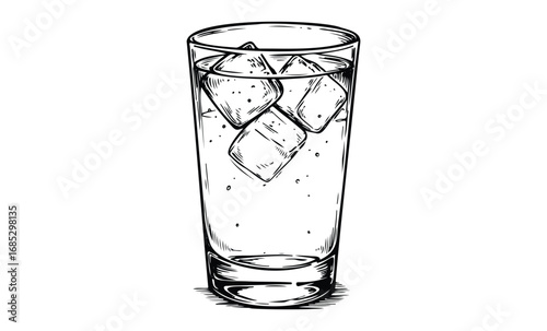 Refreshing glass of water with ice cubes in black and white sketch style. Vector retro hand drawn illustration