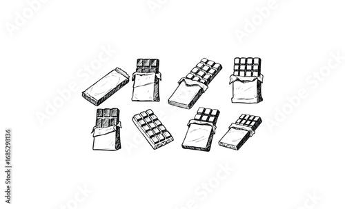 Hand-drawn chocolate bars in wrappers: various stages of unwrapped textured delights. Vector retro hand drawn illustration