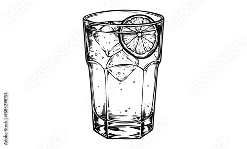 Hand-drawn glass of lemon iced water with ice cubes. Vector retro hand drawn illustration