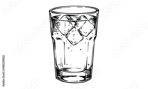 Black and white illustration of a glass with ice cubes and bubbles. Vector retro hand drawn illustration