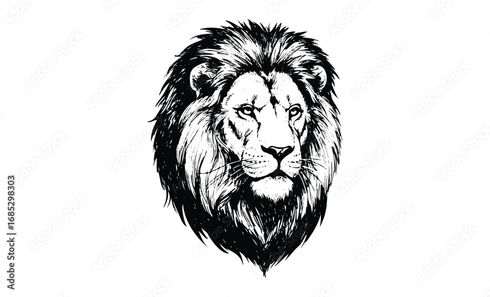 Fototapeta premium Intricate black and white lion portrait with detailed mane. Vector retro hand drawn illustration