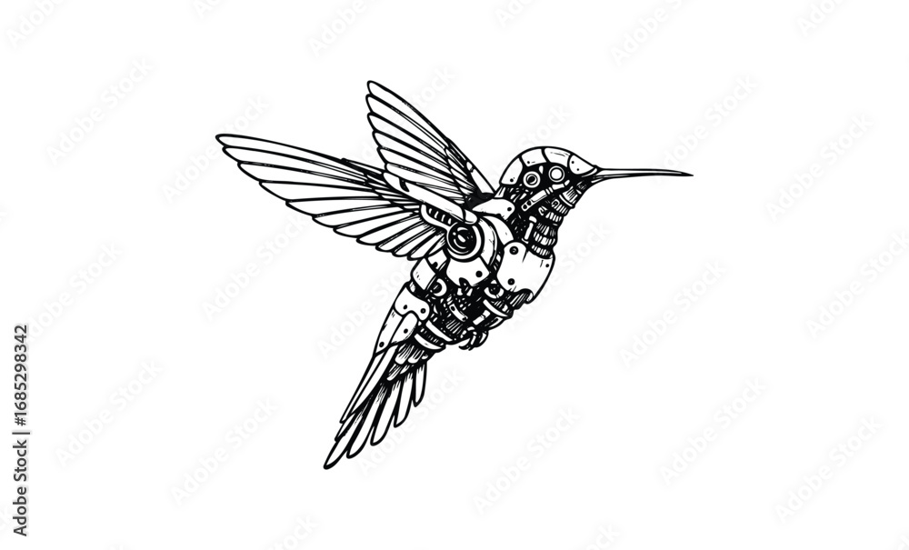 Naklejka premium Intricate mechanical hummingbird design with geometric patterns. Vector retro hand drawn illustration