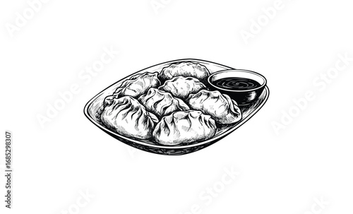 Sketch of dumplings with dipping sauce in a bowl. Vector retro hand drawn illustration